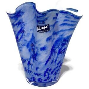 Alicja Blue and White Art Glass Vase 7.75" Hand Made in Poland Vintage